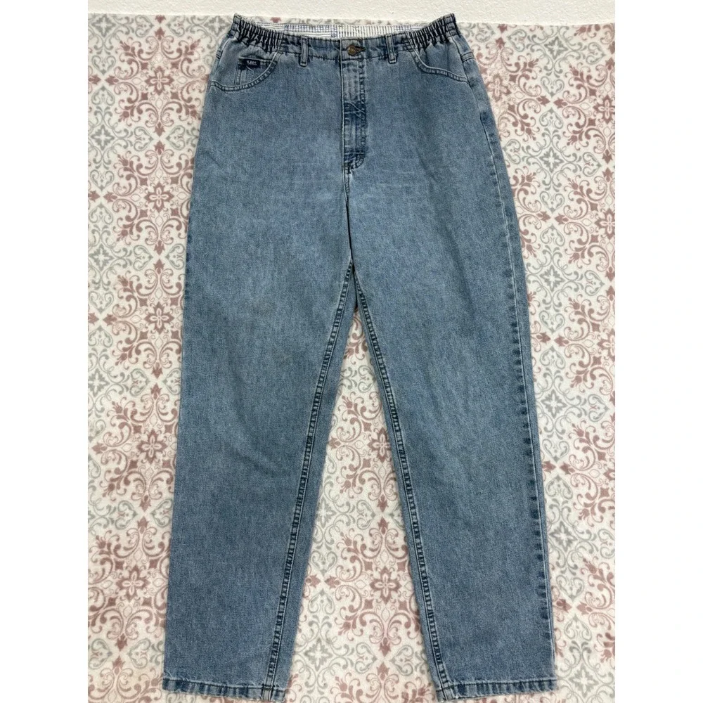 Vintage Lee High Waisted Mom Jeans Light Wash Elastic Waist Tapered Leg 14M 14L